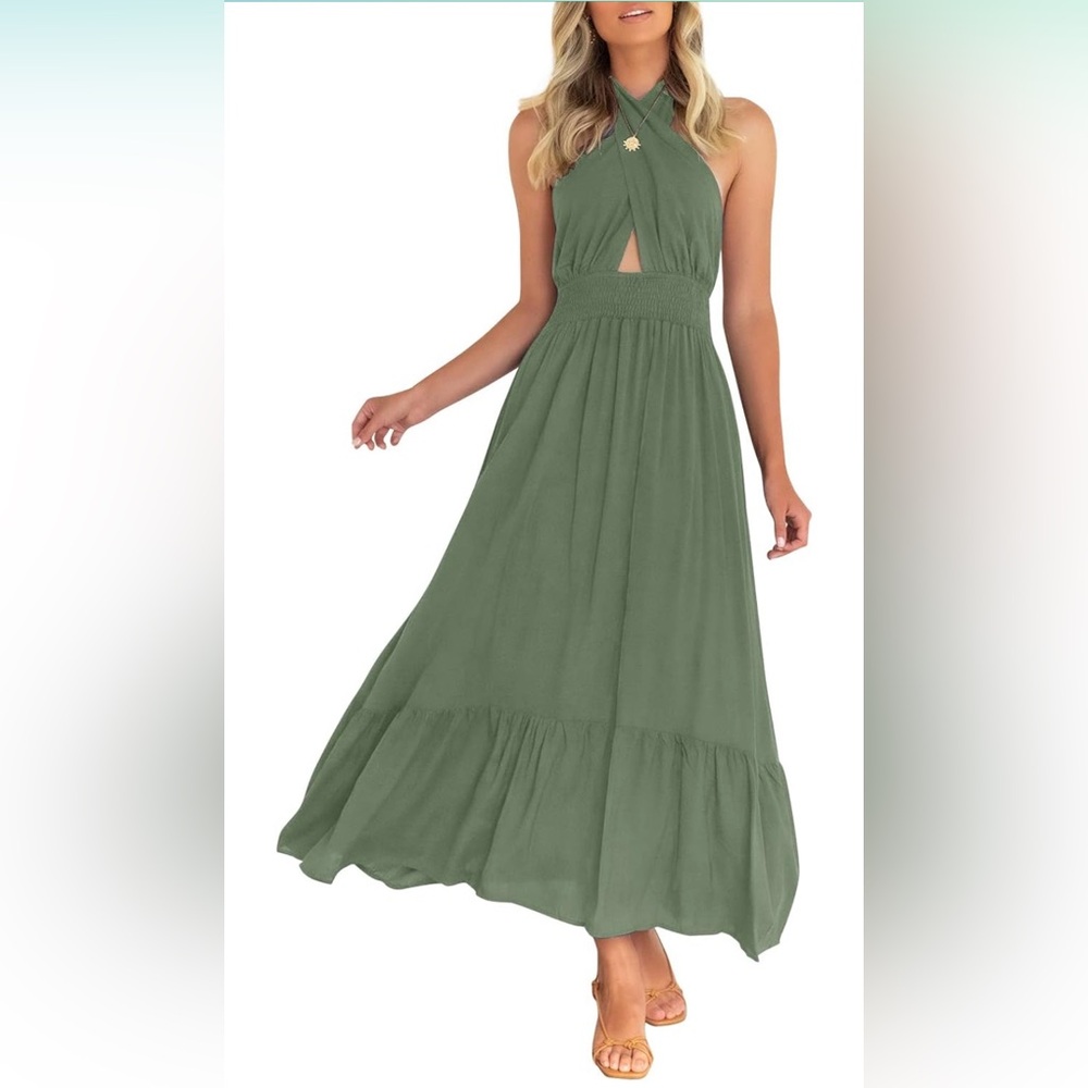 Crossover Halter Neck Sleeveless Backless Flowy A Line Maxi Dress sage green